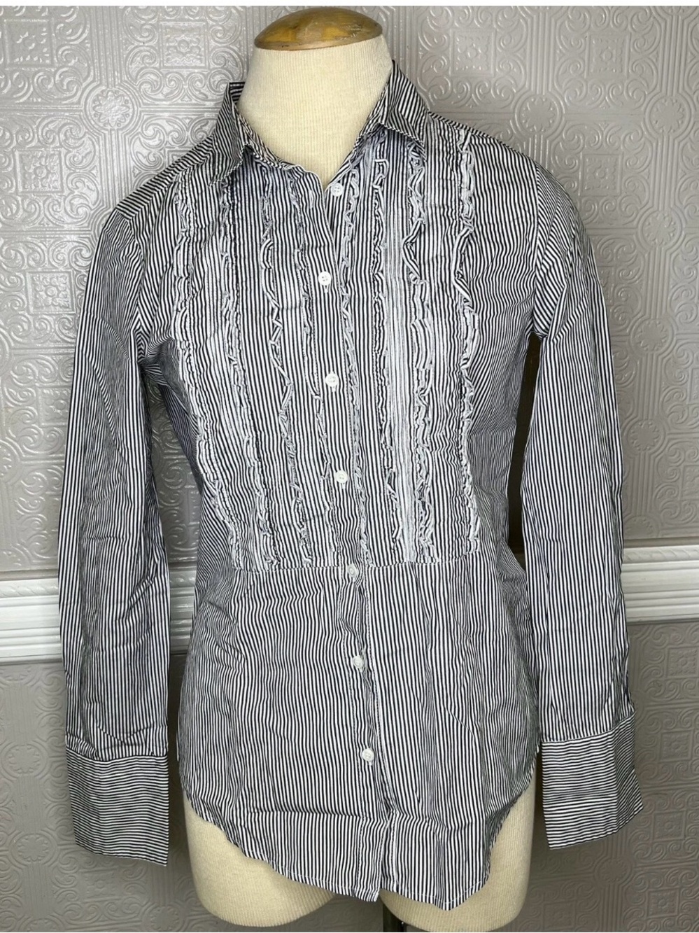 J Crew Women’s Ruffle Striped Button Up Long Sleeve Shirt Size 6